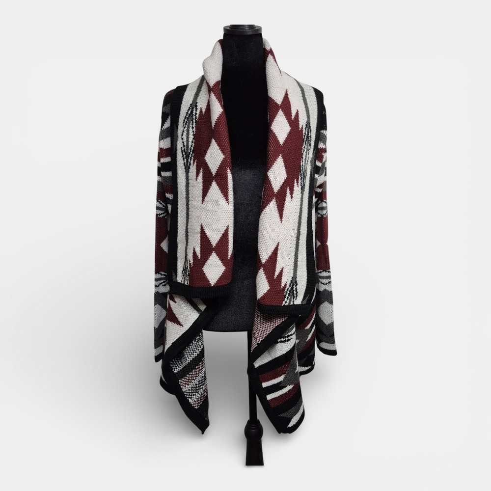 Bobeau Womens M Southwestern Geometric Open Front Cardigan Burgundy Black White